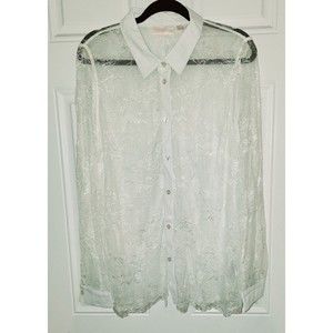 Kim Gravel White Lace Button Up Blouse Top With Faux Leather Collar Size Large